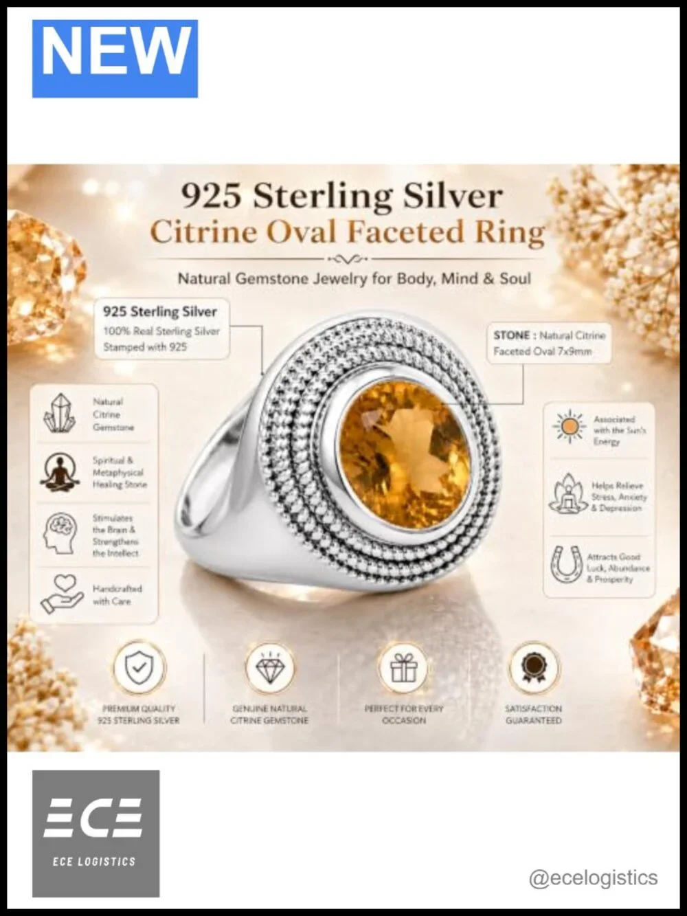 925 Sterling Silver Natural Citrine Oval Ring Vintage Statement Jewelry Gift